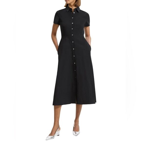 Theory Linen-Blend Good Crunch Midi Shirtdress Black Size 8 Button Front Dress - Picture 4 of 12